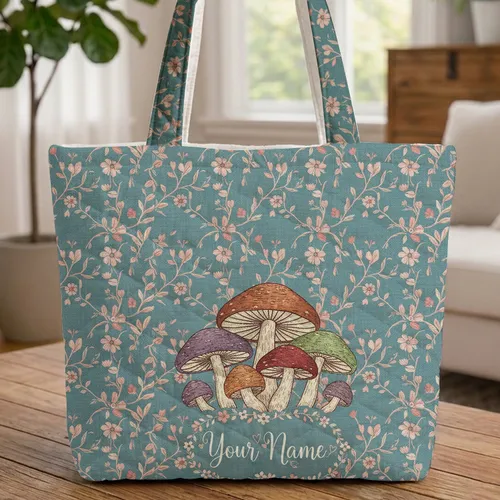 Colorful Mushrooms Floral Vines Wreath Personalized - Everyday Carry Gift Quilted Tote Bag
