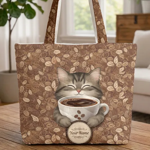 Smiling Fluffy Tabby Cat Coffee Beans Cup - Everyday Carry Gift for Coffee Lover Quilted Tote Bag