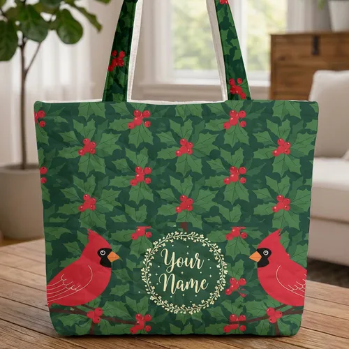 Red Cardinals Holly Berries Wreath - Christmas Holiday Travel Essentials Quilted Tote Bag
