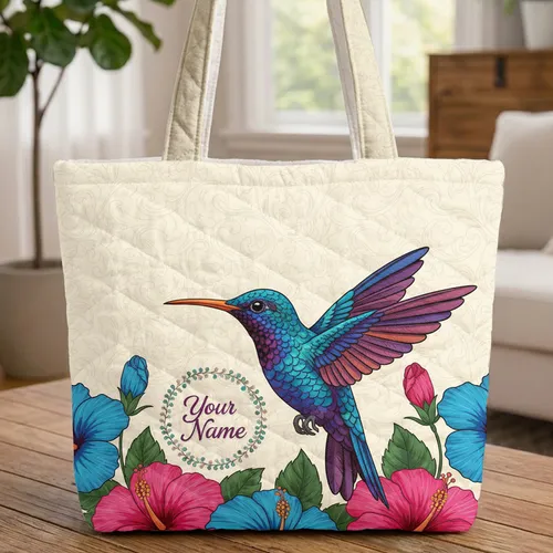 Hummingbird Hibiscus Acanthus Leaf Floral Wreath - Everyday Carry Gift Quilted Tote Bag