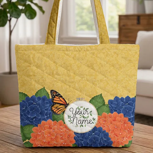 Monarch Butterfly Hydrangea Flowers Swirling Botanical Vines - Everyday Carry Gift Quilted Tote Bag