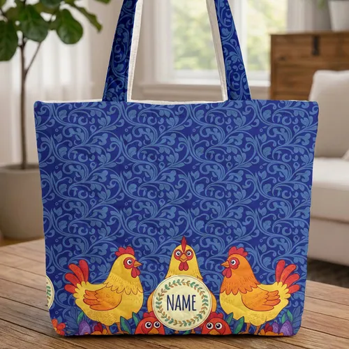 Stylized Cartoon Chickens Organic Tendrils Floral Wreath - Everyday Carry Gift for Chicken Lover Quilted Tote Bag