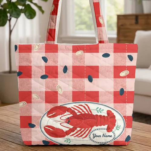 Red Lobster Dinner Plate Gingham Mussel Oyster Everyday Carry Gift Quilted Tote Bag