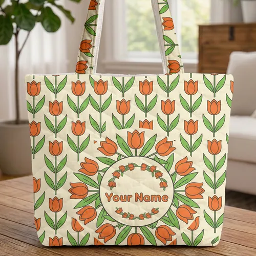 Orange Tulips Orderly Rows Green Leaves Arrangement - Everyday Carry Gift Quilted Tote Bag