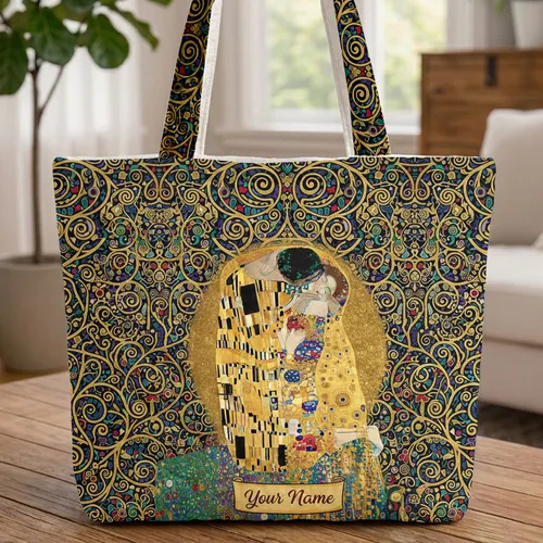 Personalized Kissing Couple Golden Robes Organic Swirls - Romantic Gift for Couples Quilted Tote Bag