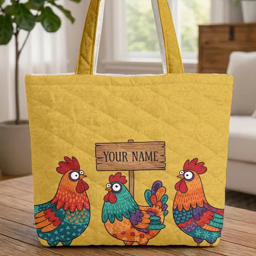 Googly Eye Patchwork Chickens Wooden Sign - Everyday Carry Gift for Farm Lovers Quilted Tote Bag