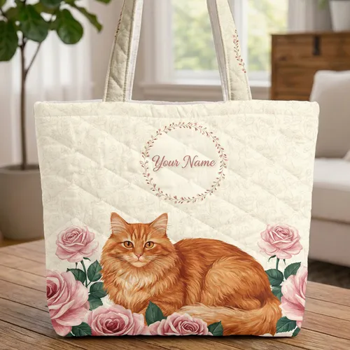Fluffy Orange Cat Pink Roses Rosebud Vines Floral Wreath Everyday Carry Gift for Cat Lovers Quilted Tote Bag