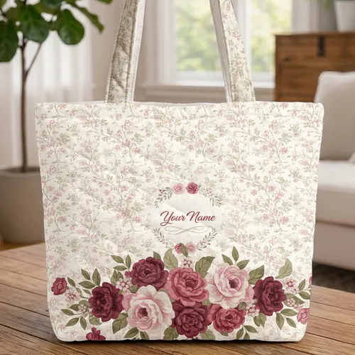 Trailing Botanical Vines Roses Personalized Floral Wreath - Everyday Carry Gift for Her Quilted Tote Bag