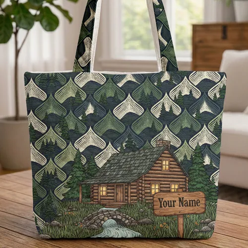 Rustic Log Cabin Mountain River Wooden Sign - Everyday Carry Gift for Outdoors Lover Quilted Tote Bag