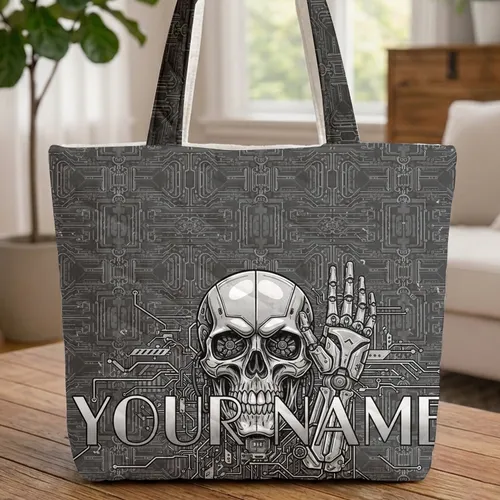 Cyberpunk Skull Robotic Hand Circuitry Metallic Skeleton Everyday Carry Gift for Sci-Fi Fan Quilted Tote Bag