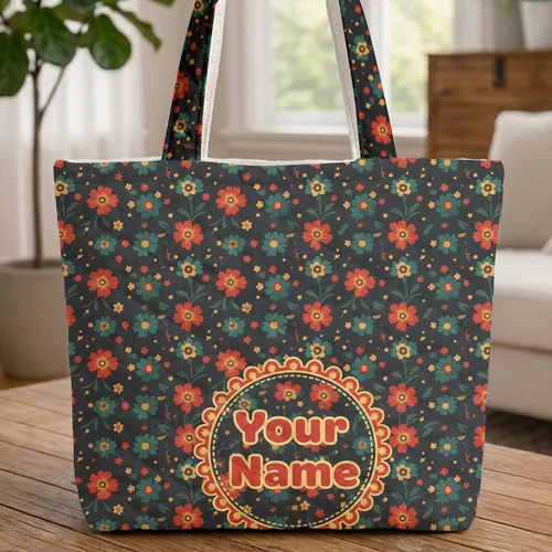 Folk Floral Stars Round Name - Everyday Carry Gift Quilted Tote Bag