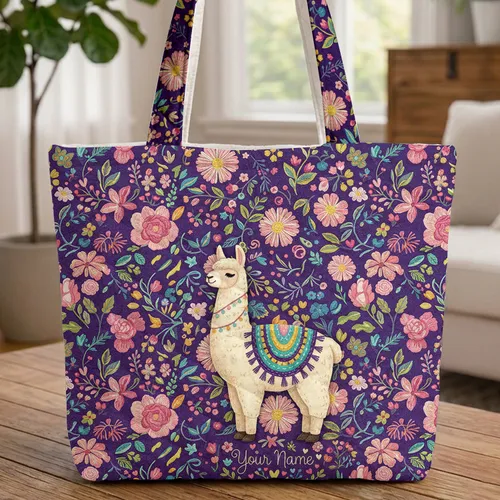 Llama Blanket Blooming Flowers Leaves Berries Wreath - Work Commute Travel Gift Quilted Tote Bag