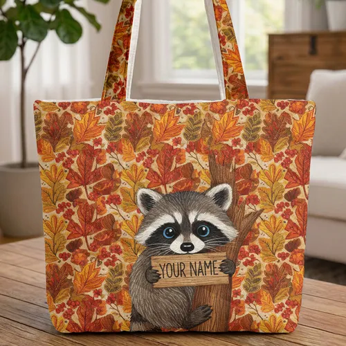 Raccoon Wooden Sign Autumn Leaves - Wildlife Lover Everyday Carry Gift Quilted Tote Bag