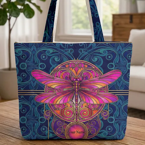 Stained Glass Dragonfly, Swirling Vines - Everyday Carry Gift Quilted Tote Bag