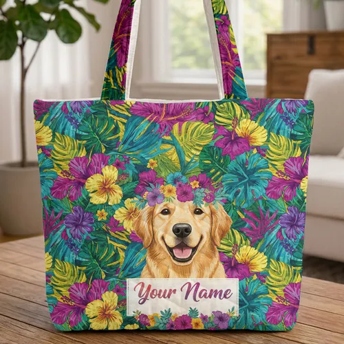 Golden Retriever Flower Crown Hibiscus Leaves - Everyday Carry Gift for Dog Lover Quilted Tote Bag