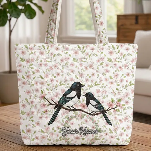Personalized Magpie Birds Cherry Blossom Everyday Carry Gift Quilted Tote Bag