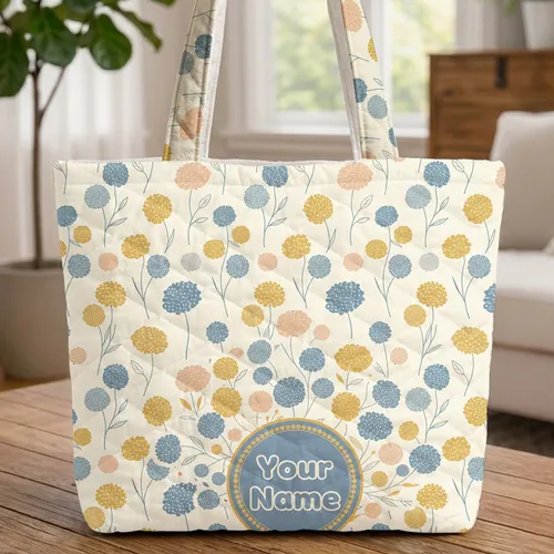 Scandinavian Children's Book Floral Text Medallion Everyday Carry Gift Quilted Tote Bag
