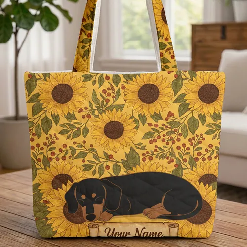 Sleeping Dachshund Sunflower Berries Everyday Carry Gift Quilted Tote Bag