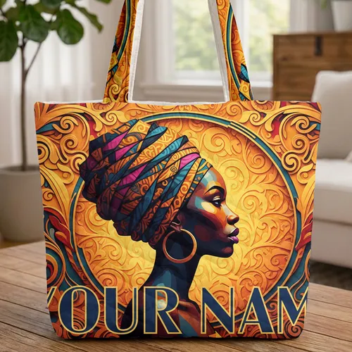 Proud Cubist Woman Profile Headwrap Hoop Earrings Personalized Name - Everyday Carry Gift Quilted Tote Bag