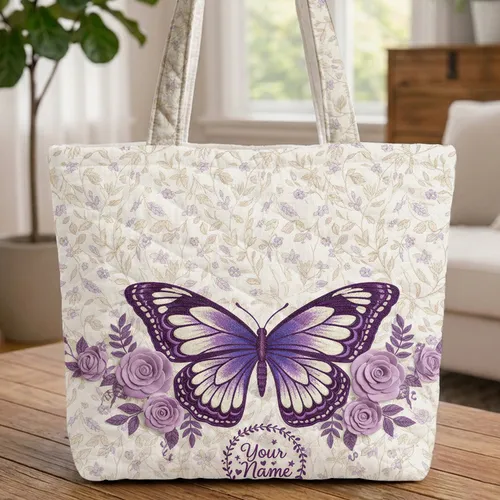 Ornate Purple Butterfly Lavender Rose Vines - Everyday Carry Gift Quilted Tote Bag