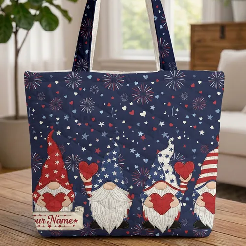 Patriotic Gnomes Fireworks Stars Hearts Independence Day Gift for Proud Americans Quilted Tote Bag