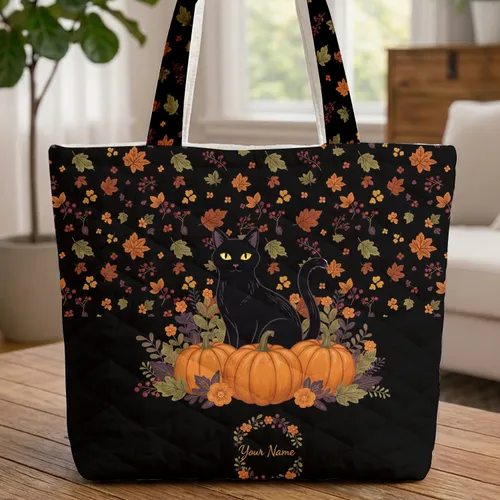 Black Cat Pumpkins Autumn Leaves Floral Wreath Everyday Carry Gift Quilted Tote Bag