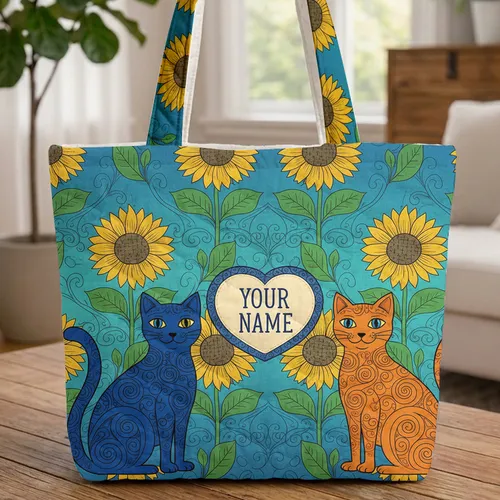 Folk Art Blue Orange Cats Yellow Green Sunflowers Heart Everyday Carry Gift Quilted Tote Bag