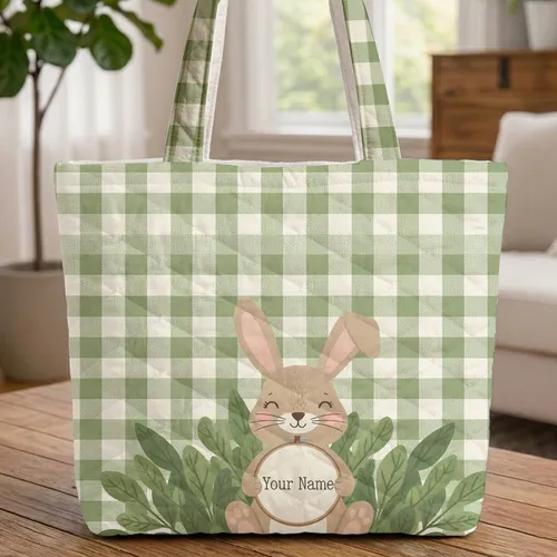 Homespun Gingham Bunny Foliage Personalized Hoop Everyday Carry Gift Quilted Tote Bag