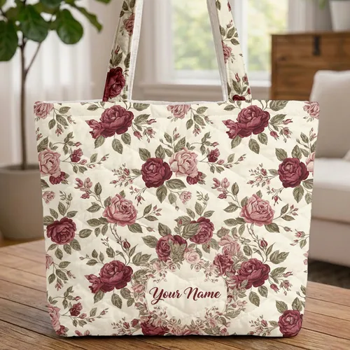 Vintage Roses Rosebuds Floral Wreath Name - Everyday Carry Gift Quilted Tote Bag