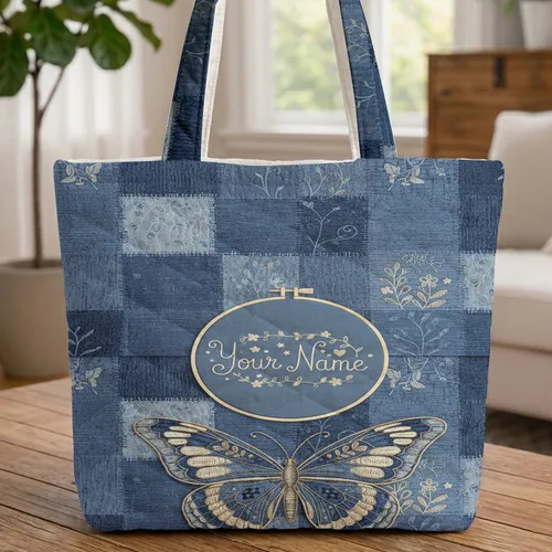 Butterfly Your Name Denim Patchwork Botanical - Everyday Carry Gift Quilted Tote Bag