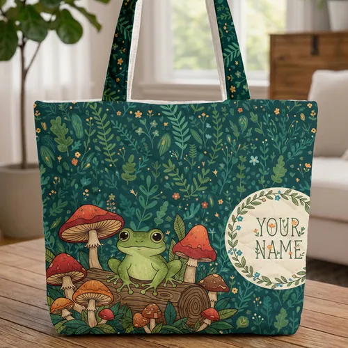 Green Frog Mushrooms Floral Wreath - Wildlife Lover Everyday Carry Gift Quilted Tote Bag
