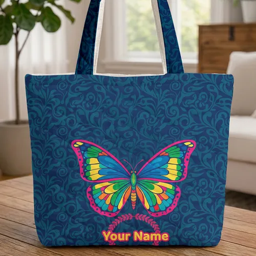 Ornate Butterfly Floral Wreath Personalized Name Everyday Carry Gift Quilted Tote Bag