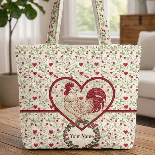 Ornate Rooster Heart Floral Wreath Vines - Farmhouse Everyday Carry Gift with Name Quilted Tote Bag