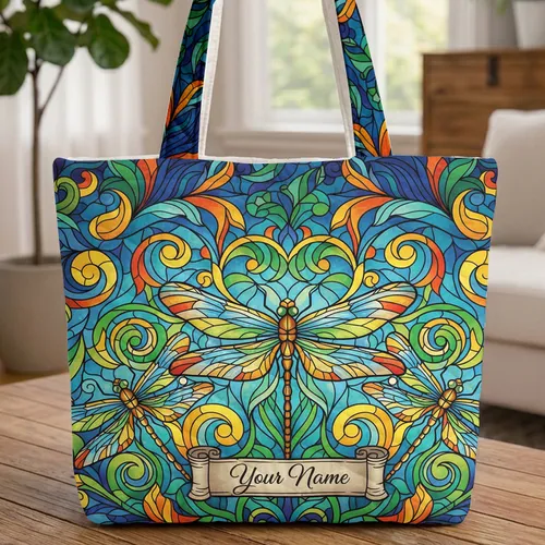 Ornate Stained Glass Dragonflies Organic Shapes Flowing Swirls - Everyday Carry Gift Quilted Tote Bag
