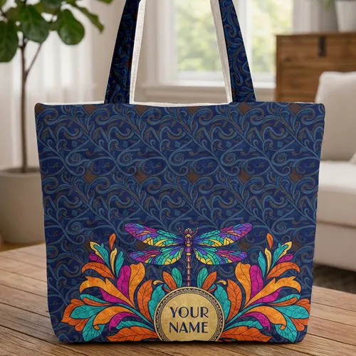 Mosaic Dragonfly Botanical Swirling Vines - Everyday Carry Gift for Dragonfly Lover Quilted Tote Bag