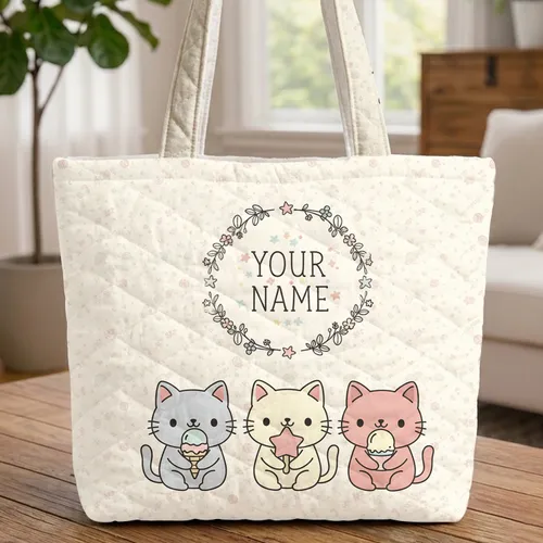 Chibi Cats Ice Cream Paw Print Fish Bones Yarn Balls - Everyday Carry for Cat Lover Quilted Tote Bag