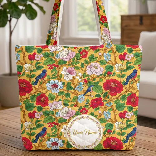 Chinoiserie Flowering Birds Open Blossoms Lush Green Leaves - Everyday Carry Gift for Bird Lover Quilted Tote Bag
