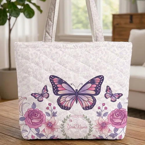 Personalized Name Butterflies Floral Wreath - Everyday Carry Gift Quilted Tote Bag