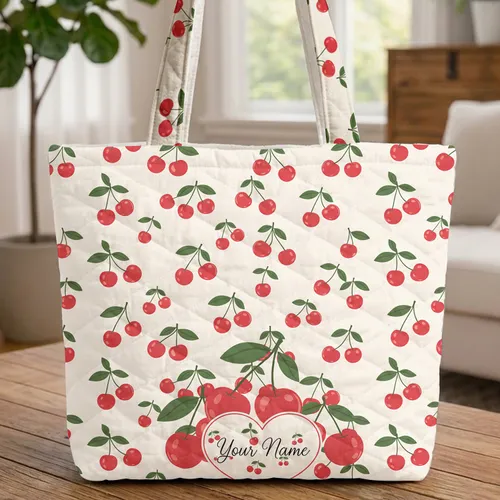 Red Cherries Heart Name Market Day Gift for Cherry Lovers Quilted Tote Bag