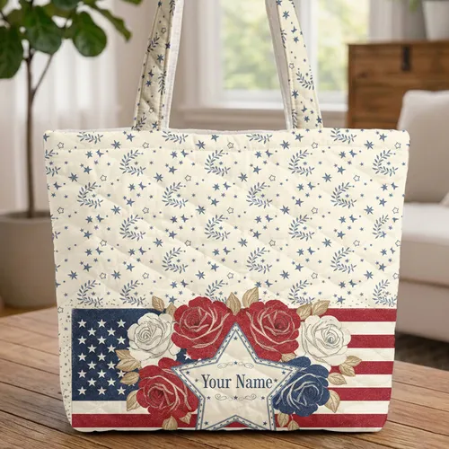 Patriotic Roses American Flag Stars - Everyday Carry Gift Quilted Tote Bag