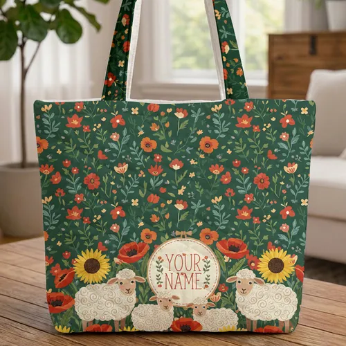 Three Sheep Wildflowers Poppies Personalized Name Everyday Carry Gift Quilted Tote Bag