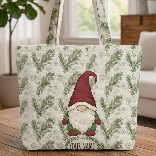 Deep Red Hat Gnome Evergreen Snowflakes Compact Leaf Garland Winter Carry Gift Quilted Tote Bag