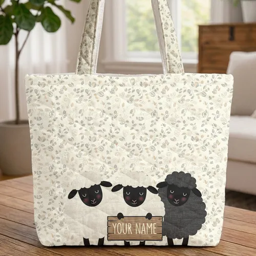 Three Sheep Wooden Sign - Everyday Carry Gift for Sheep Lover Quilted Tote Bag