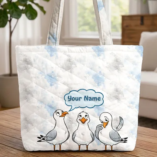 Expressive Cartoon Seagulls Cloud Speech Bubble - Travel Essentials Quilted Tote Bag
