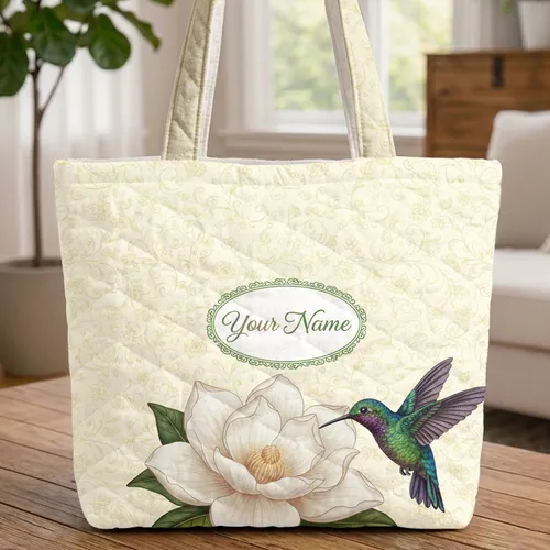 White Magnolia Iridescent Hummingbird Swirling Botanical Floral - Everyday Carry Gift Quilted Tote Bag