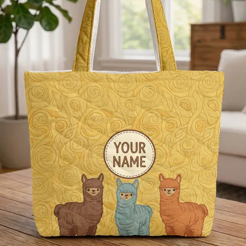Storybook Three Alpacas Organic Swirls Circle Border Everyday Carry Gift for Alpaca Lover Quilted Tote Bag