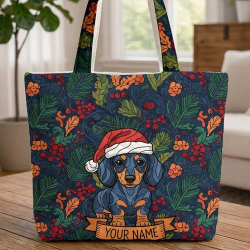 Dachshund Puppy Santa Hat Holly Berries Pine Boughs Your Name Christmas Everyday Gift Quilted Tote Bag