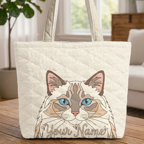 Ragdoll Cat Face Blue Eyes Personalized Name Everyday Carry Gift for Cat Lover Quilted Tote Bag