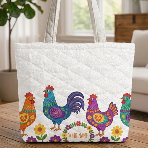 Chickens Roosters Wildflowers Personalized Name Floral Vines - Everyday Carry Gift Quilted Tote Bag