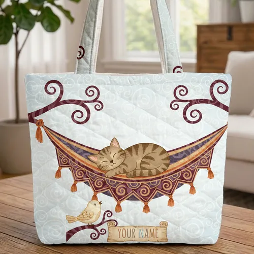 Sleeping Tabby Cat Bird Hammock Swirling Clouds - Everyday Carry Gift for Cat Lover Quilted Tote Bag